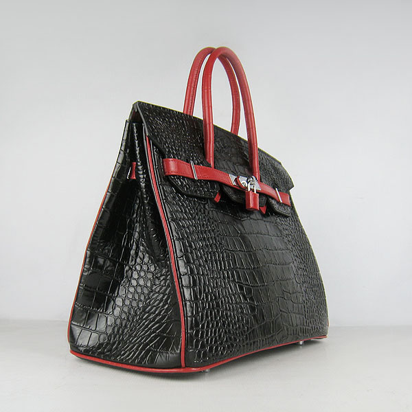 High Quality Fake Hermes Birkin 35CM Crocodile Veins Leather Bag Black/Red 6089